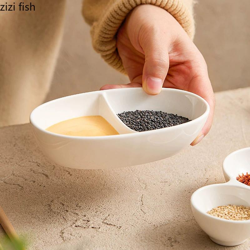 Pure White Ceramic Double Grid Plate Sauce Vinegar Seasoning Plate Appetizer Plate Snack Plates Restaurant Creative Tableware