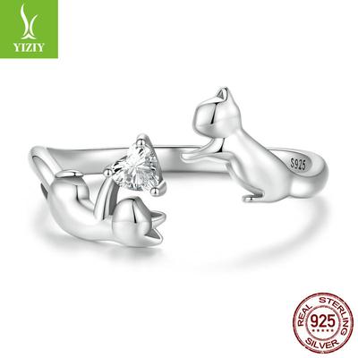 Anel Aberto Prateado Liso Gato Brincalhão Feminino, Joia de Anel Animal S925 de Prata Fofa e Animada