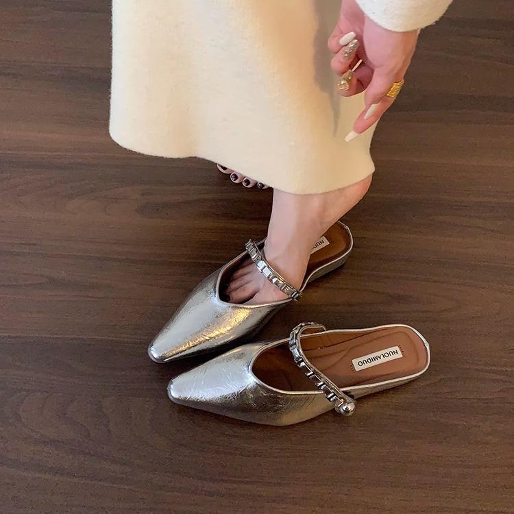 Fashion Shoes Cover Toe Ladies' Slippers Increased Internal Silver Mary Janes Slides Shoes Cover Toe Increased Internal Ladies' Slippers