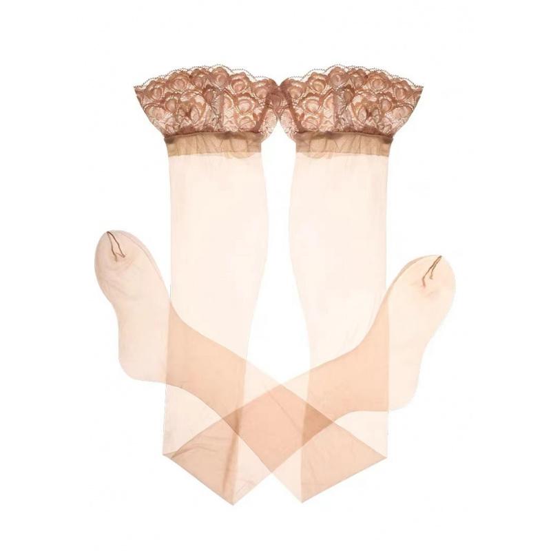 Silicone Non-Slip Long Tube Stockings for Women, Skin Color Lace Edge High Tube Nude Color Over-the-Knee Anti-Slip Summer Thin J