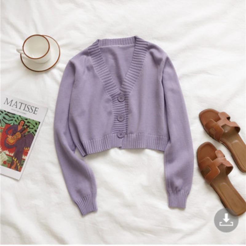 

Модный вязаный кардиган женский короткий свитер с длинным рукавом V-образным вырезом свободная куртка с высокой талией шаль однотонный повседневный элегантный укороченный топ One Size фиолетовый