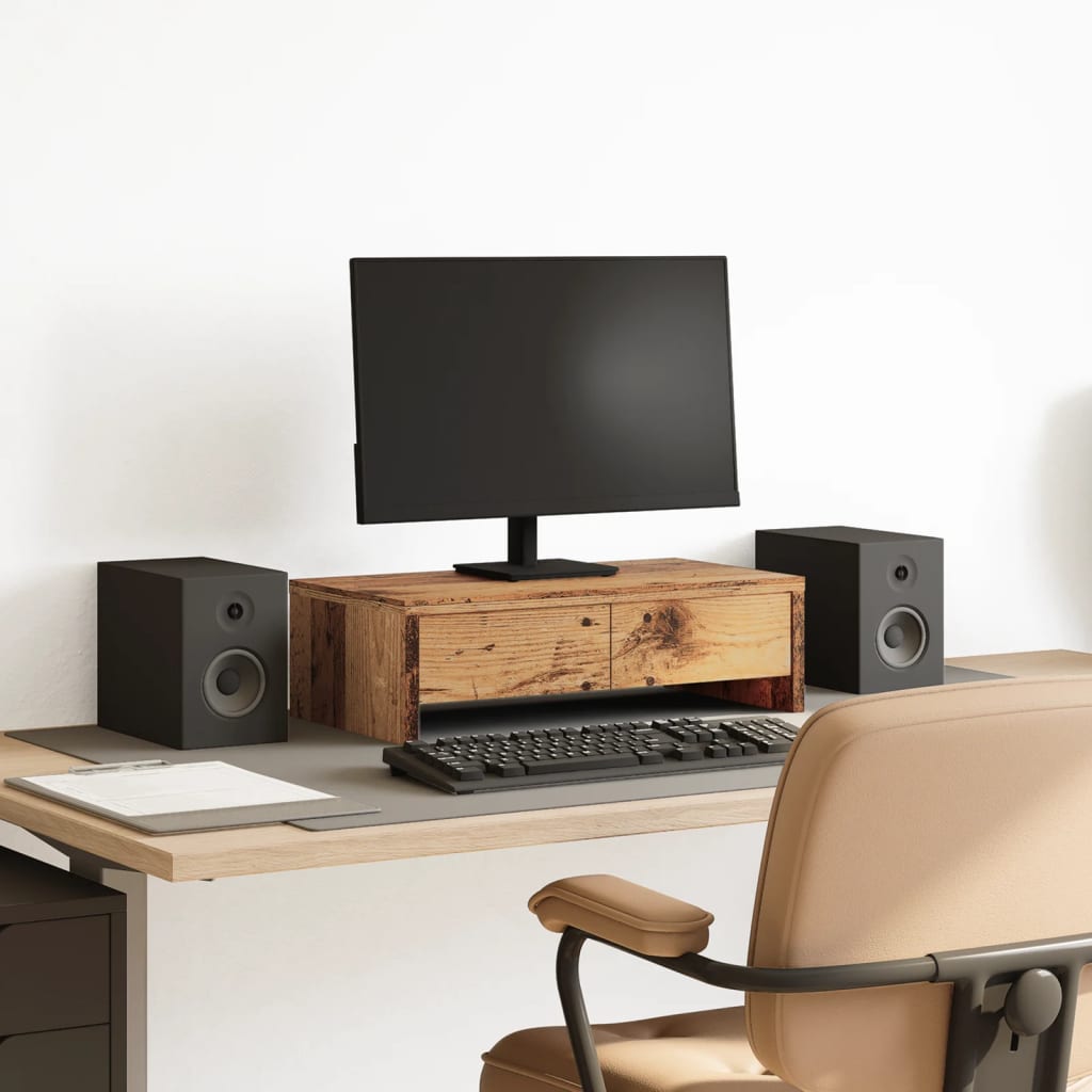 Dual Monitor Stand with Drawers Rustic Wood Look 50 X 27 X 15 Cm