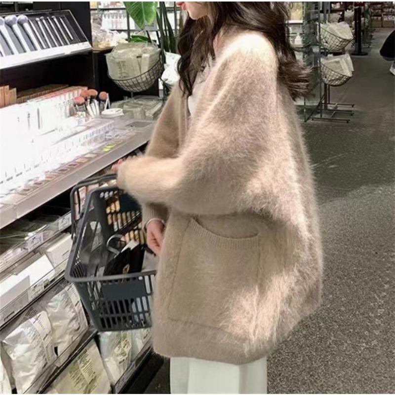 Pink Mink Velvet Soft Waxy Sweater Coat Women's Autumn and Winter Loose Lazy Wind Mid-Length Knitted Cardigan Furry