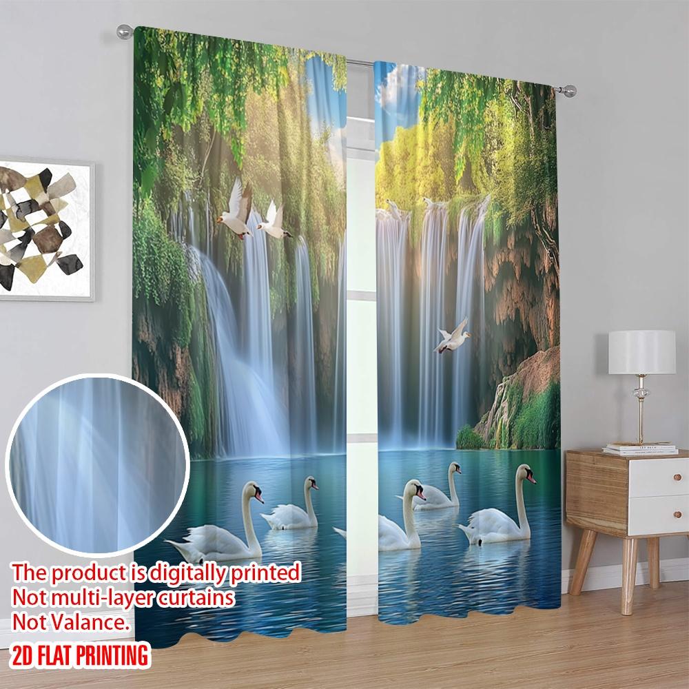 2Pcs 2D Flat PrintingBlackout Curtains Autumn Nature Scenery Theme Fall Forest Tree River Landscape Privacy Drapes Decor For