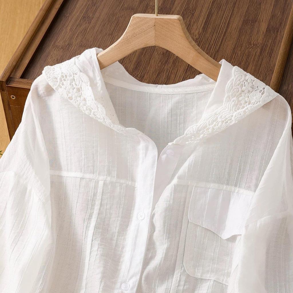 Autumn Women's White Lace Hooded Cardigan - Elegant, Lightweight, and Loose-Fit Sun Protection Top