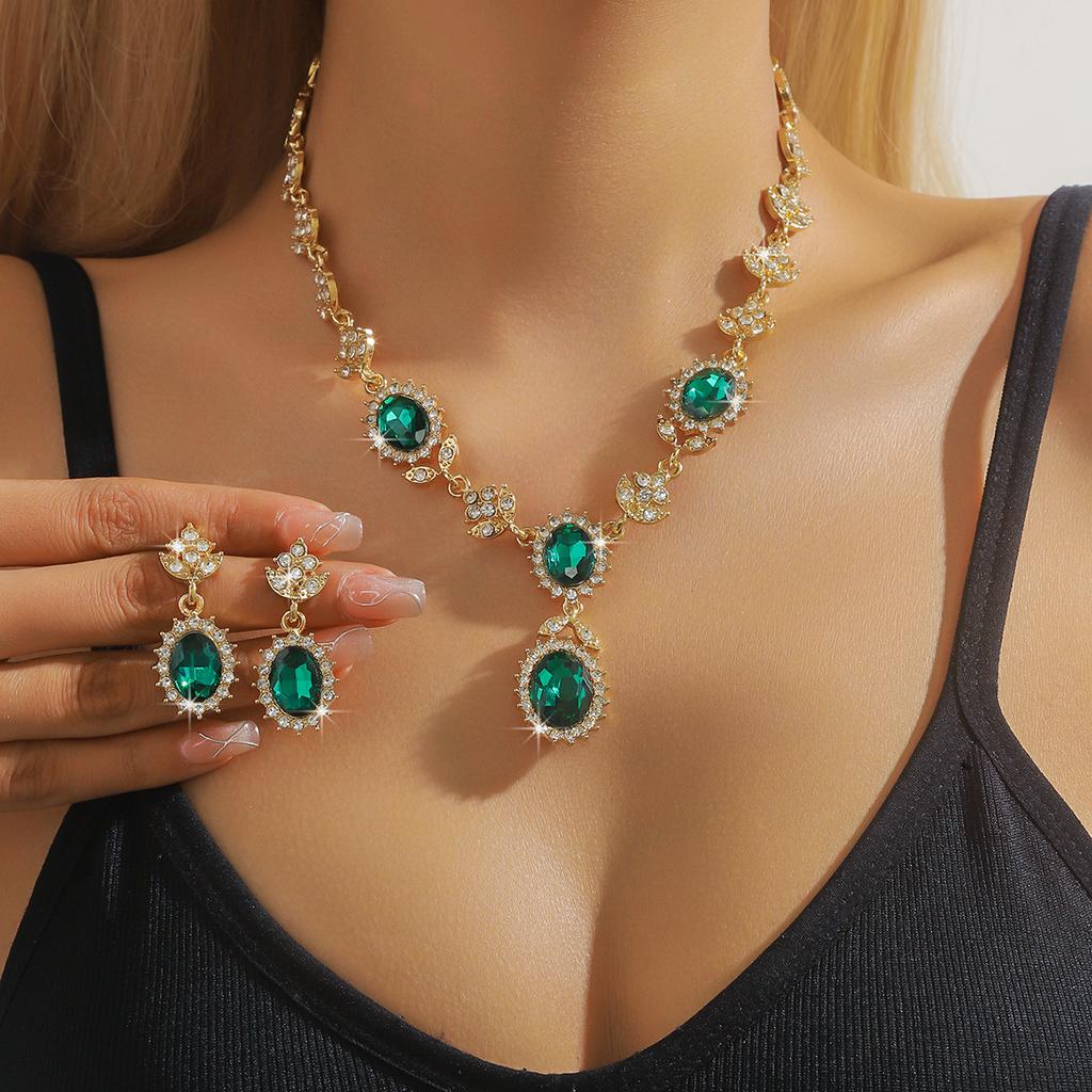 3PC women's fashionable geometric inlaid rhinestone necklace earring set, suitable for parties and holiday gifts