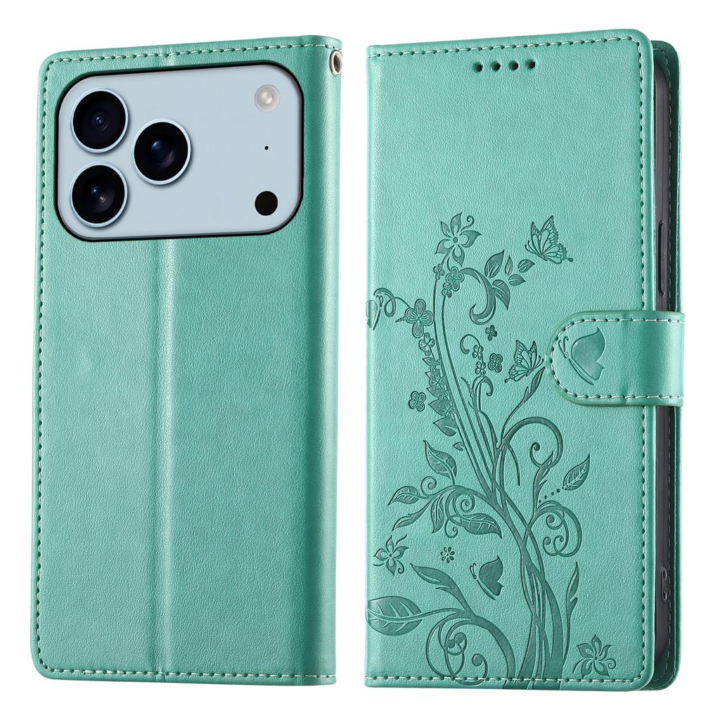 For iPhone 17 Pro Wallet Case Butterfly Floral Imprint PU Leather Phone Cover with Wrist Strap
