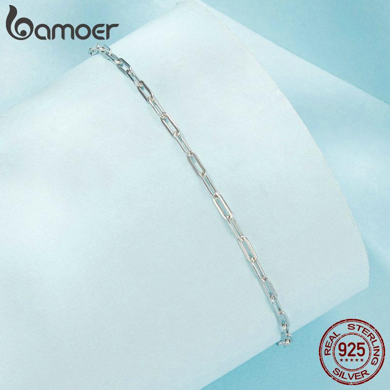 BAMOER Solid 925 Silver Square Chain Bracelets for Women, White Gold Plated Handmade Basic Bracelets Birthday Gift