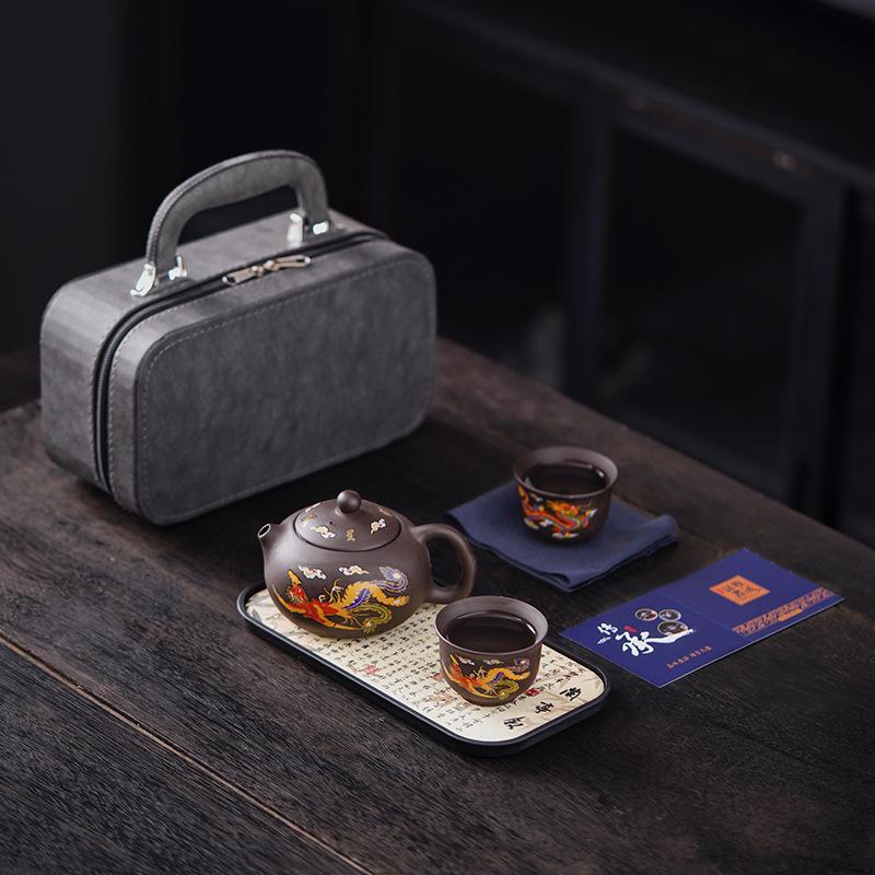 Color-changing purple sand portable travel tea set, one pot, two cups, small set with tea tray, express cup as a gift.