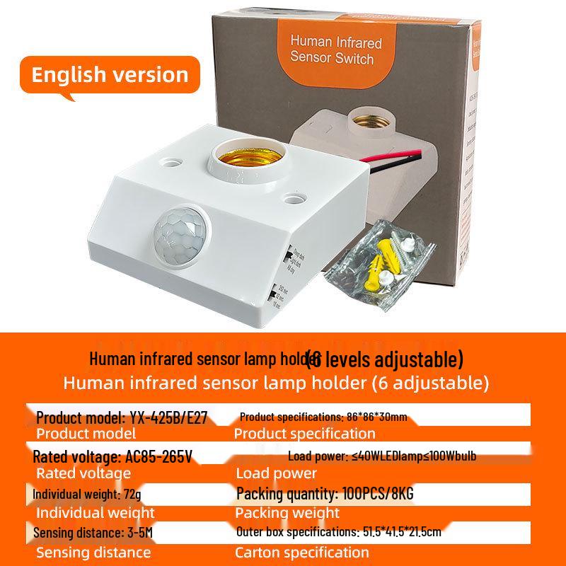 E27 Screw Infrared Sensor Lamp Holder: No Wiring, Auto On/off with Adjustable Light Delay.