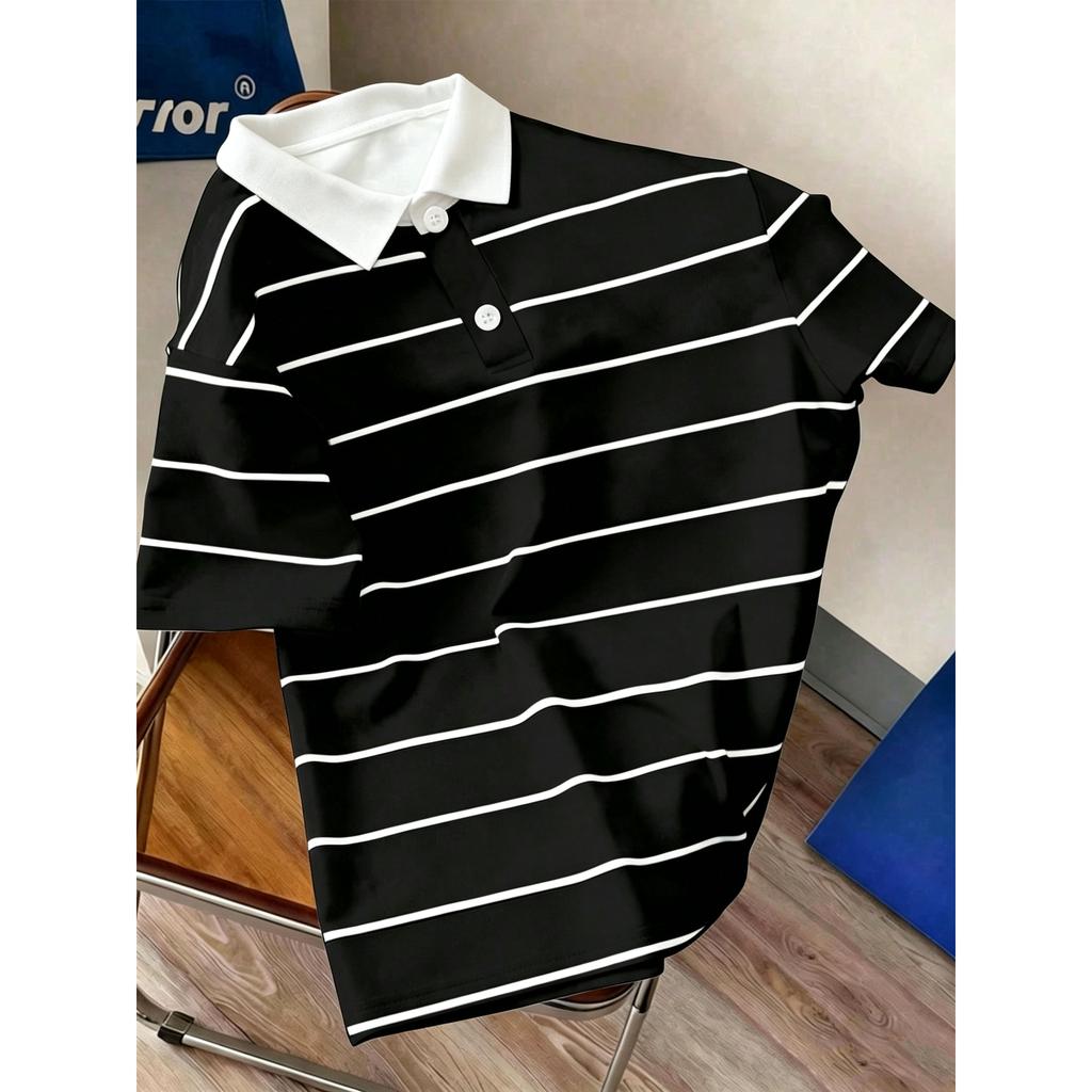 Stylish striped short-sleeve polo shirt, casual and versatile for daily wear.