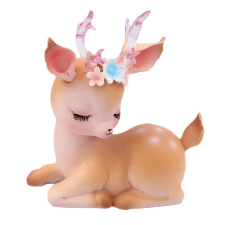 New Forest Style Pink Resin Deer Artificial Flowers Iron Acrylic Cake Toppers For Happy Birthday Party Decoration Baking Suplies