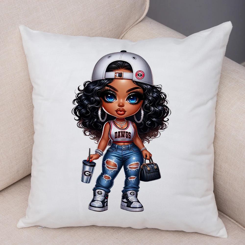 Fashion Cartoon African Girl Pillow Case Soft Plush Cushion Cover for Sofa Home Decor Cute Black Women Throw Pillowcase