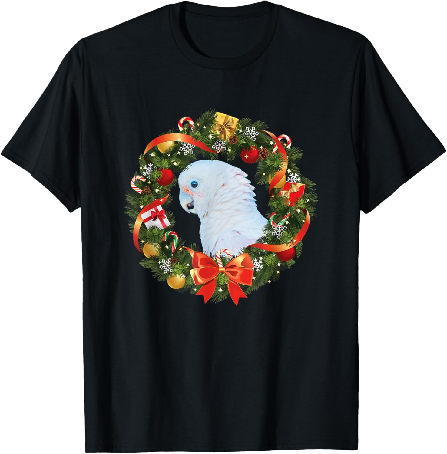 Goffins Cockatoo Christmas Wreath Parrot Bird Lover Graphic Tee Men Casual Cotton T-Shirt 4XL