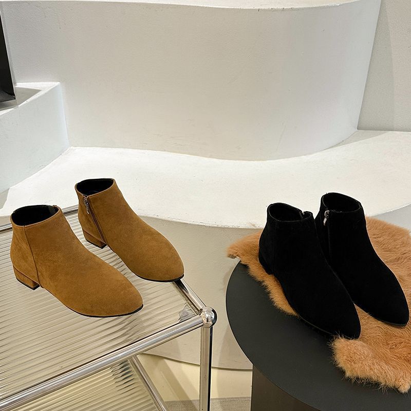 Low heel side zipper short tube versatile and bare boots matte short boots women's pointed thick heel fleece comfortable 2025 autumn new models
