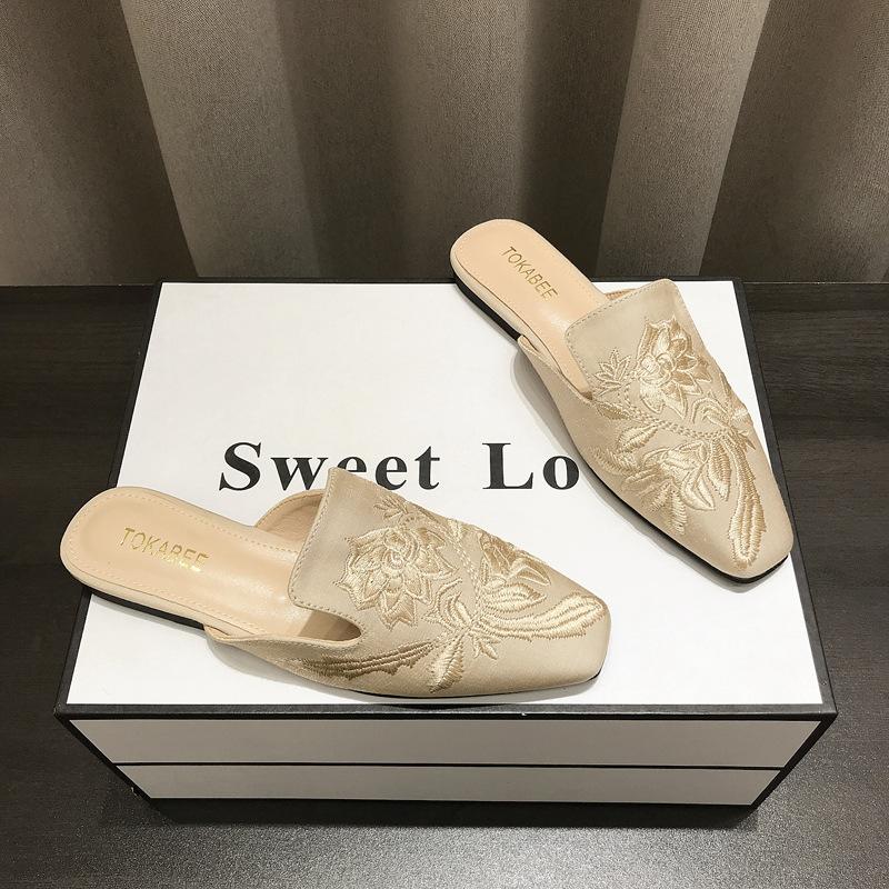 

Women s New Chinese Embroidery Baotou Half Slippers Outer Wear Spring and Summer Retro Versatile Flat Bottom Muller Half Toe 35 абрикосовый
