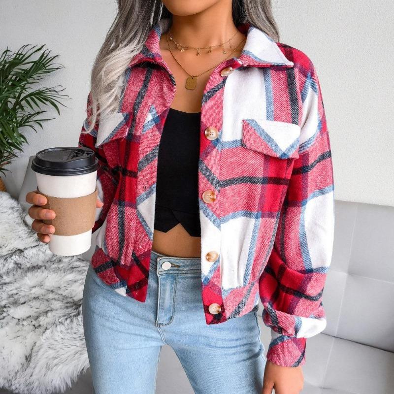 Autumn and Winter Plaid Lantern Long Sleeve Tweed Jacket