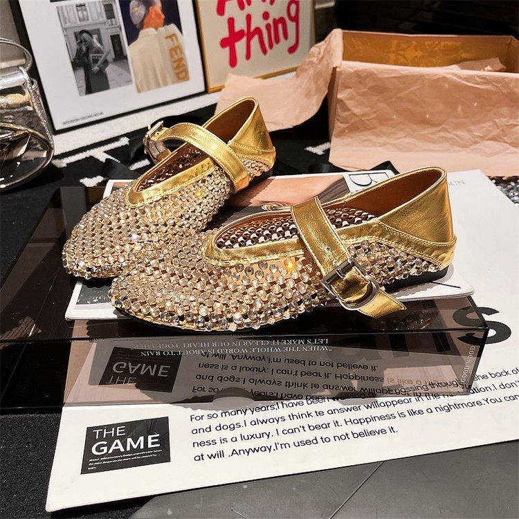 

Версия из мягкой кожи~ Европейские стразы, полностью усыпанные бриллиантами, ажурные, одно слово Мэри Джейн, плоская подошва, одинарная обувь, головка сумки, сан 40 золотой