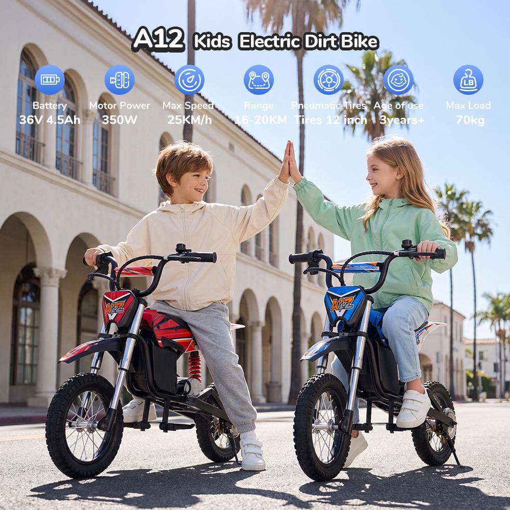 Trotinetă Electrică A12 pentru Copii 350W 4.5Ah Roți de 12'' Suspensie Față și Spate 3 Viteze 8-25KM/H Autonomie 19-22KM Trotinetă Electrică pentru Copii