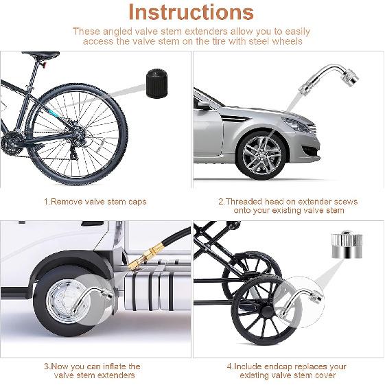 Valve Stem Extenders,4Pcs 7Inch/180mm Dual Flexible Stainless Steel Braided Valve Stem Extensions,6Pieces 45 90 135 Degree Brass Valve Adaptors for