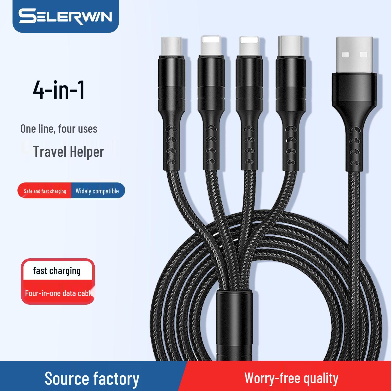 

Кабель для зарядки 4-в-1 для Apple, Type-C и Android - Многофункциональный кабель для передачи данных с быстрой зарядкой 3A 1.2m красный