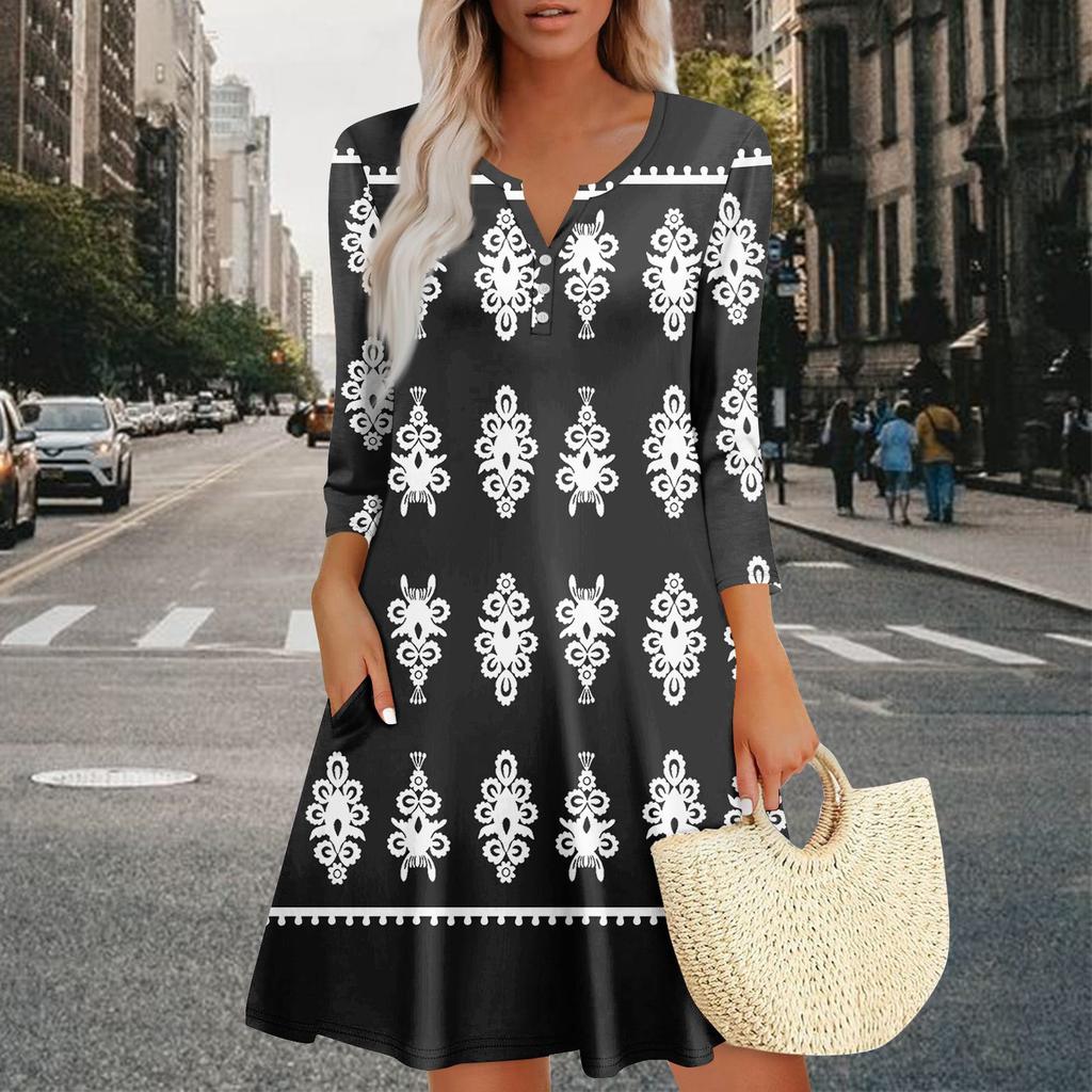 Women's Summer Dress Loose V Neck Three-quarter Sleeve Sundress With Pockets Dress
