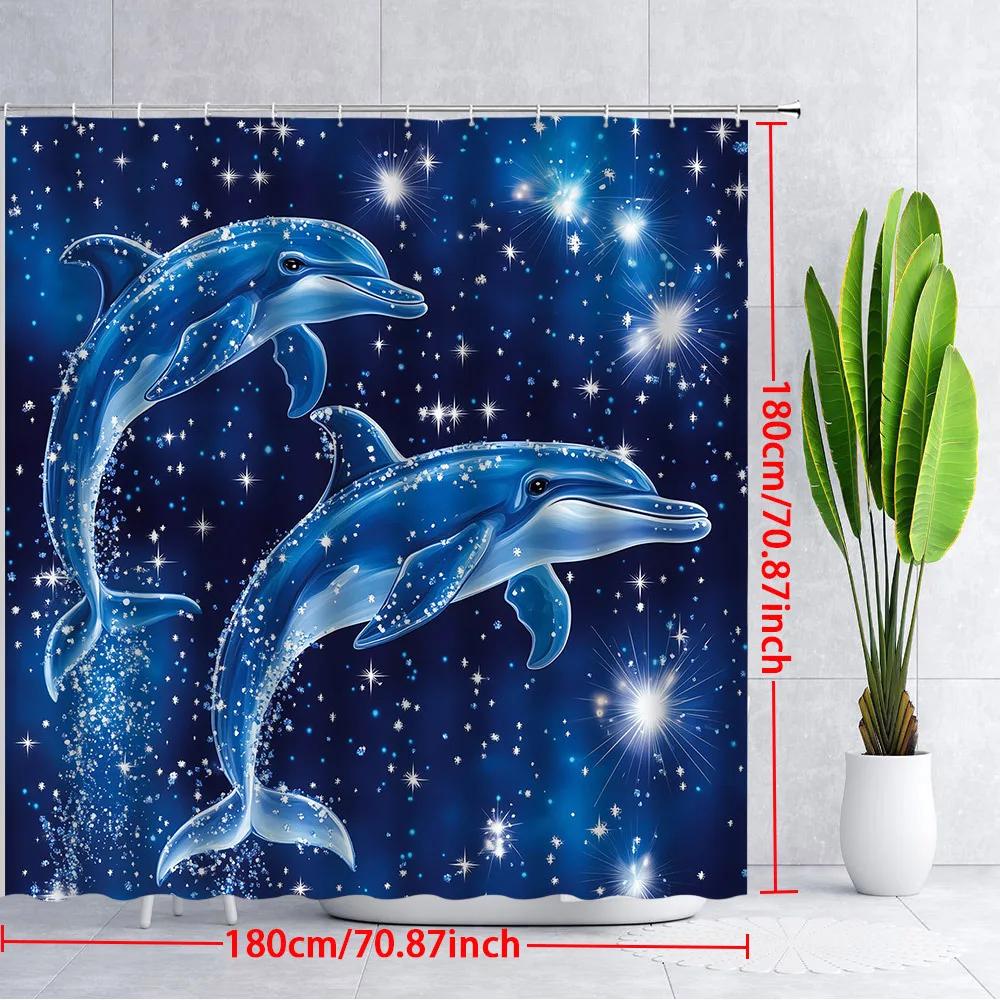 1 Stück Magischer Blauer Delfin Duschvorhang - Ätherische Meereskulisse mit Sternen & Glitzer, Verspielter Fantasy-Stil Polyestergewebe