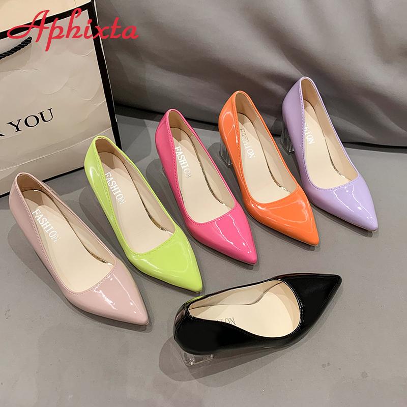 Fashion Aphixta 7cm High Heels Women Lady Orange Leather Pumps Female Wedding Green Transparent Shoes Drop Shipping Plus Size  30-50