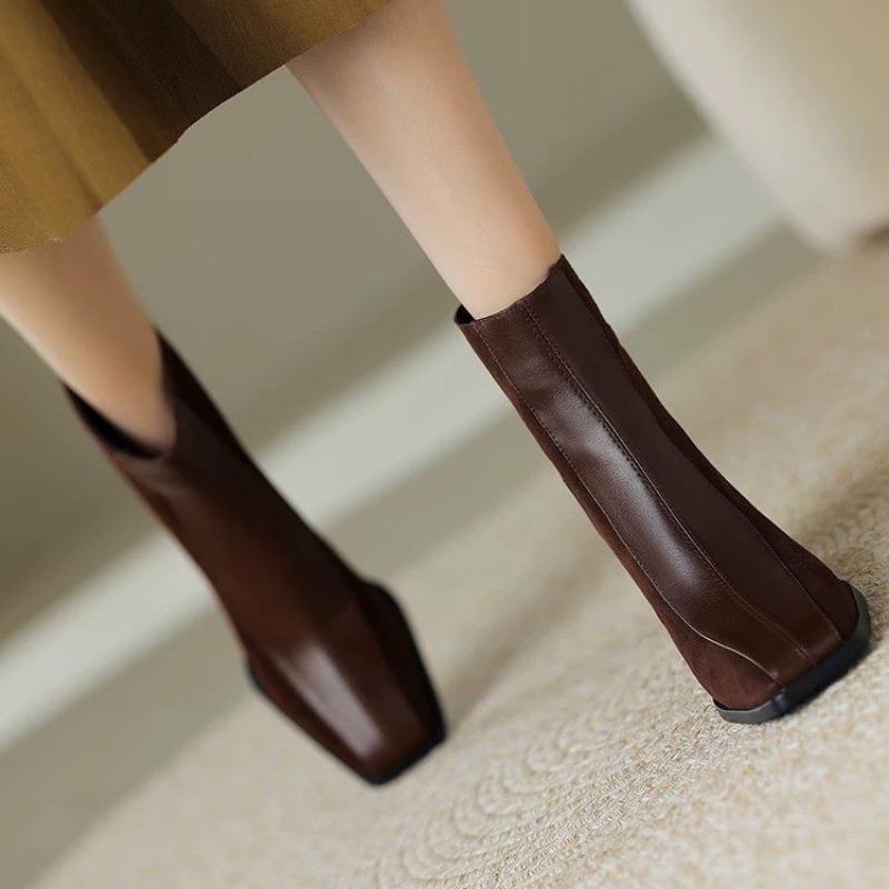 Fashion Vintage Square Toe Block Heel Booties Women French Color Block Rear Zip Simple Heel Single Boots Ankle Boots