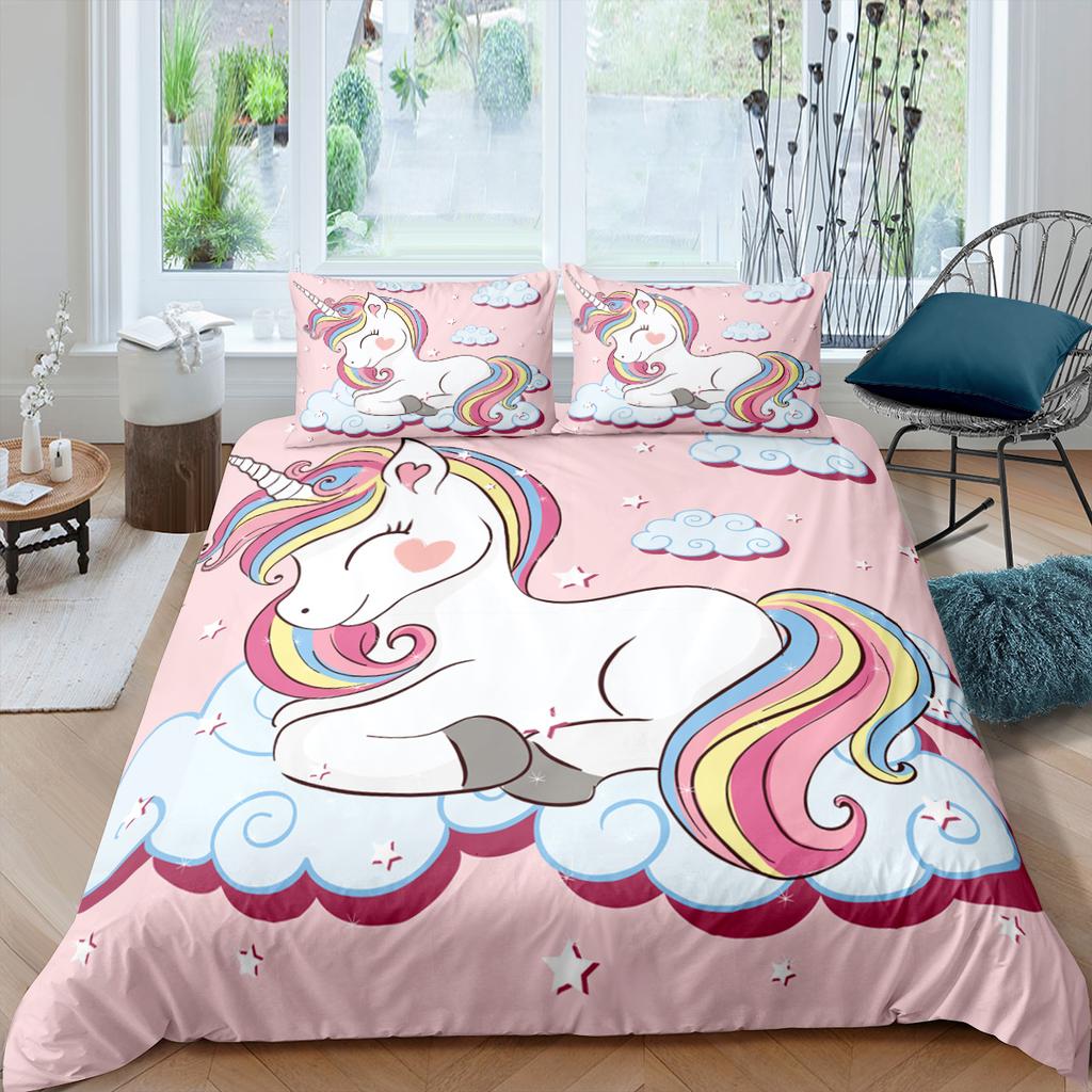 Children Bedding Sets Gifts Unicorn And Colorful Horse Printing Duvet Cover Sets For Kids Girls Boys 2/3 Pcs Single Pink Quilts