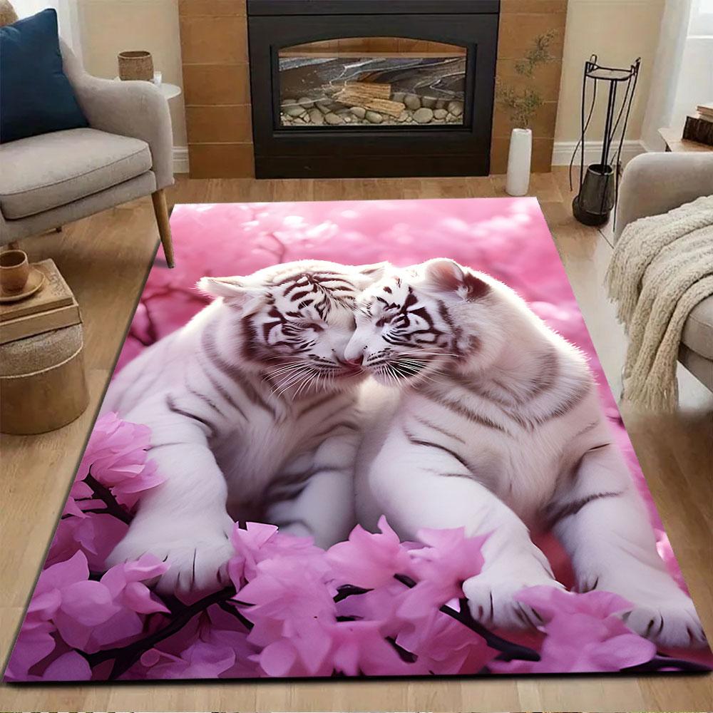 "White Tigers in Pink Blossom Scenery" Patterned carpet, non slip mat suitable for living room and bedroom sofas