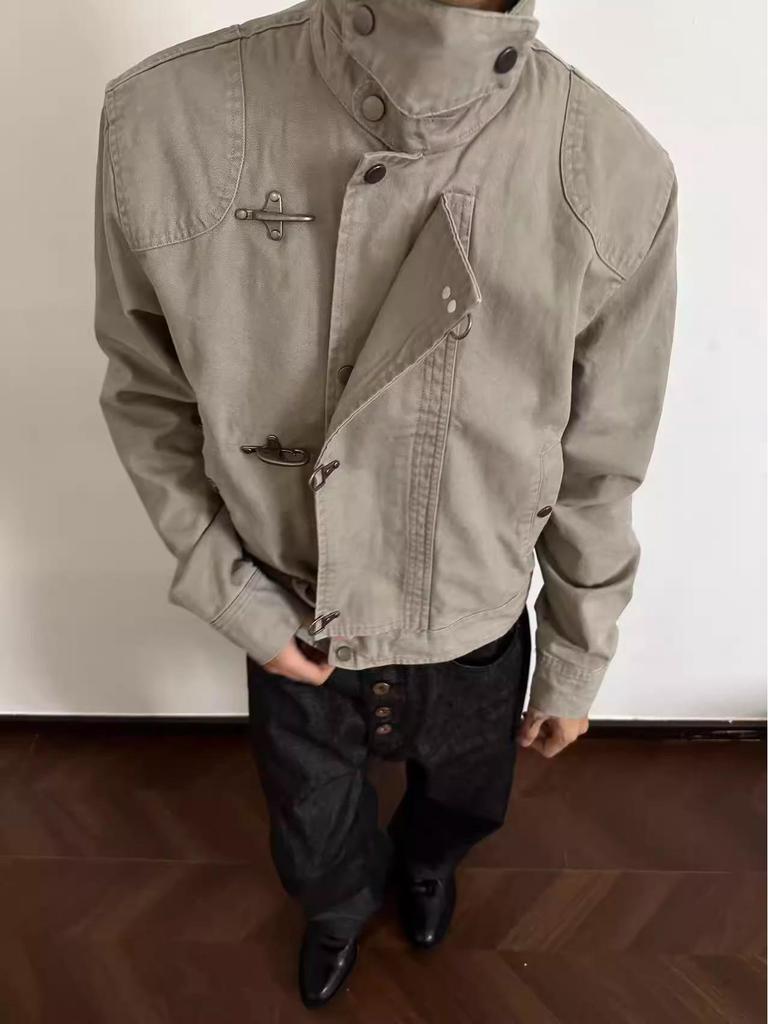 Vintage Distressed Aircraft Buckle Lapel Jacket, Unisex Spring/Autumn Retro Short Wide Workwear Style