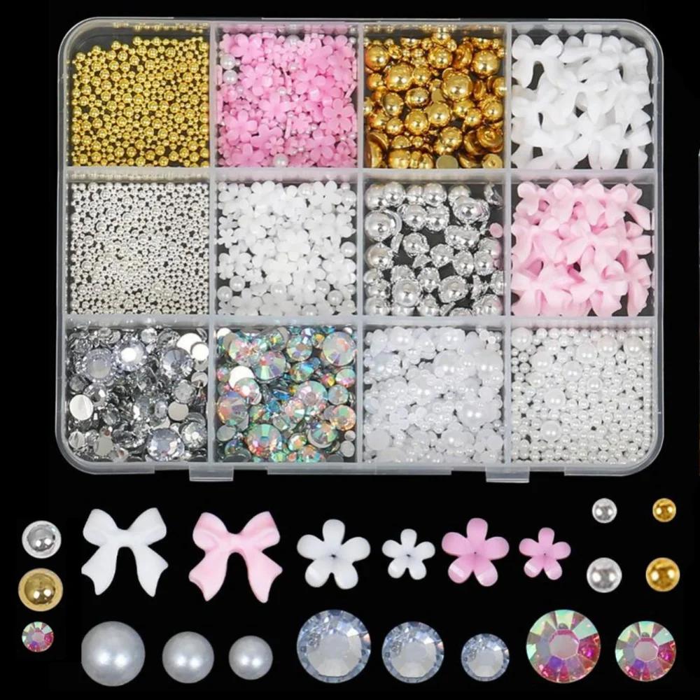 12Grids/Box Mixed Resin Bowknot Nail Charms 3D Colorful Bow Kawaii Rhinestone Nail Art Decorations DIY Manicure Parts Pen Tweeze