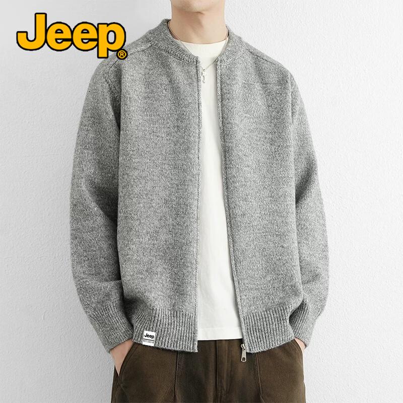 JEEP Men's American-Style Knit Zip-Up Baseball Collar Cardigan Jacket