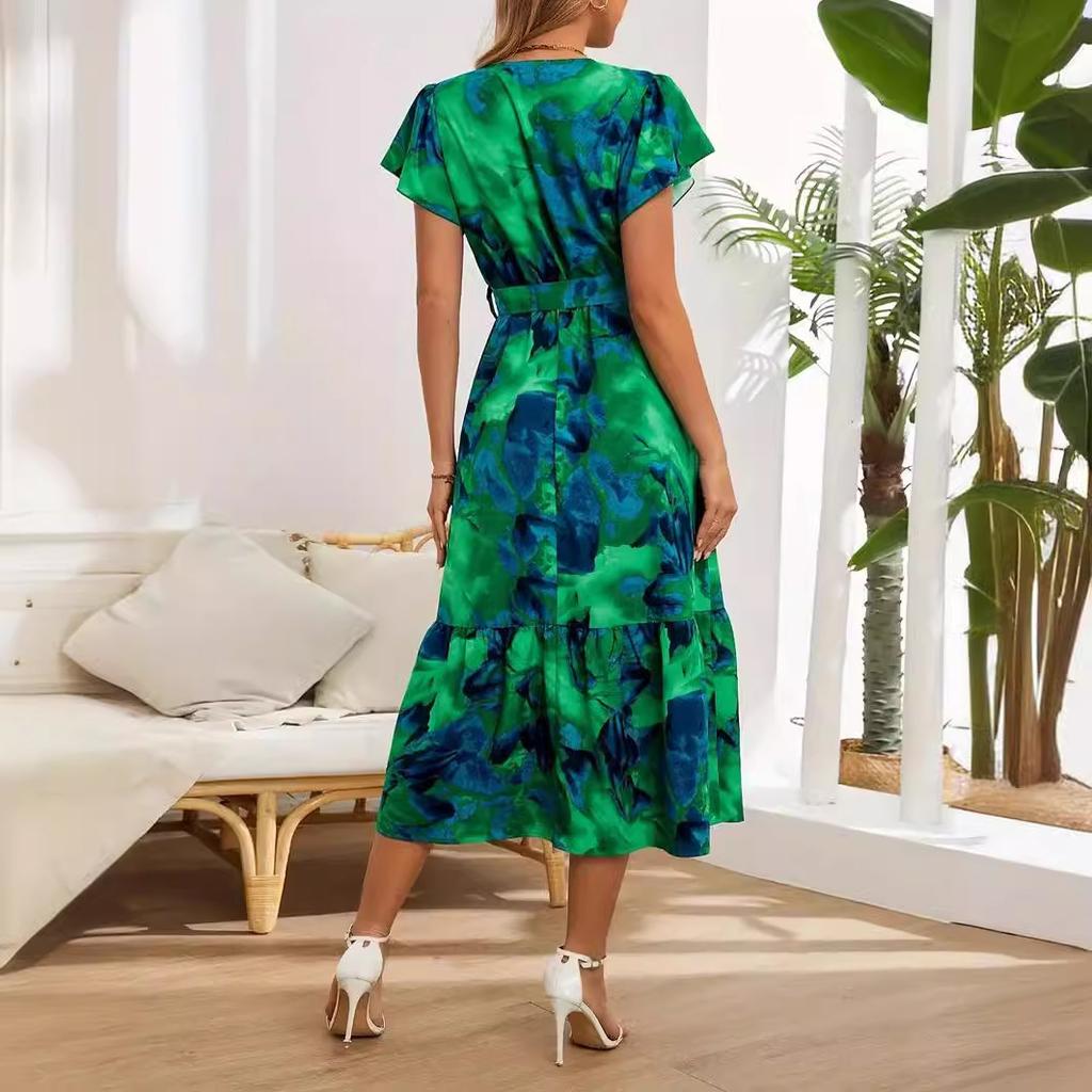 Dlouhé šaty s květinovým potiskem pro ženy s překříženým výstřihem do V vázanka v pase s volánkem s krátkým rukávem Patchworkové maxi šaty letní prodyšné lehké šaty na dovolenou