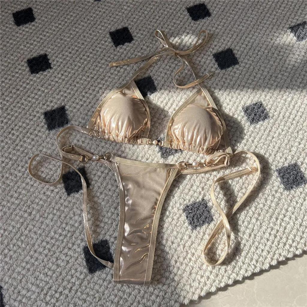 New PU Faux Leather Halter Mini Thong Bikini Female Swimsuit Women Swimwear Two-pieces Bikini set Bather Bathing Suit Swim