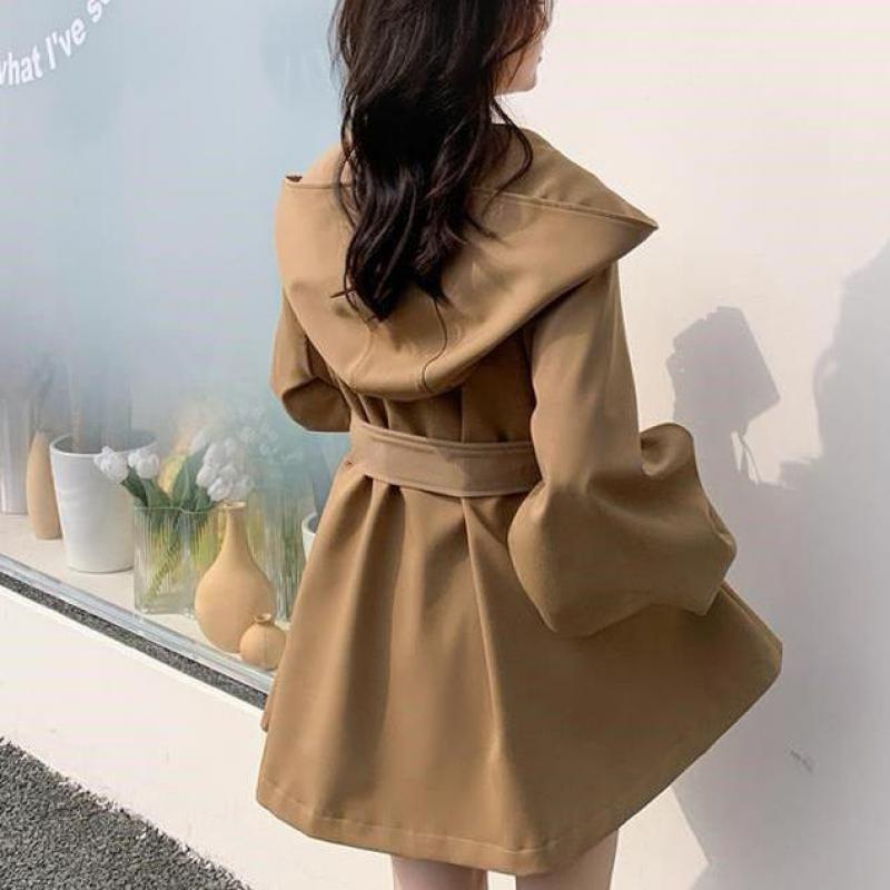 Trench coreano allentato autunnale con cintura con cappuccio Cappotto da donna nero