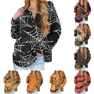 Women's New Button Collar Fashion Printed Long Sleeves T-Shirt Slim Top Casual Tops