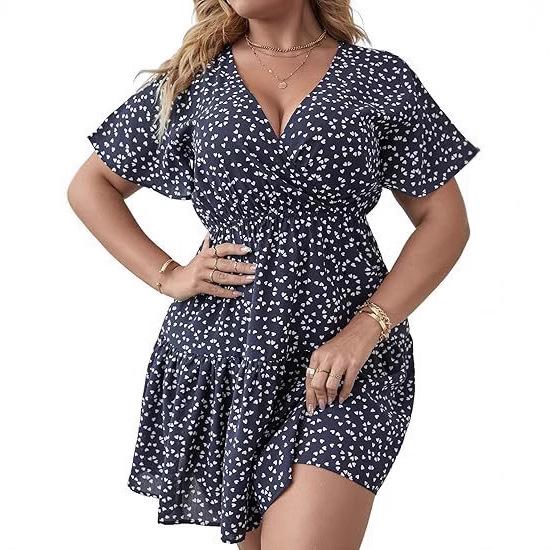 2025 European & American Plus Size V-neck Ruffle Wrap Dress for Women