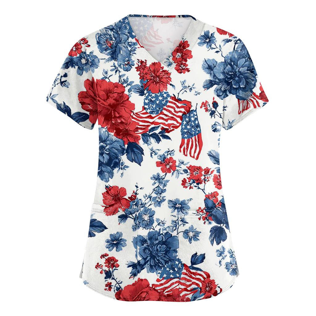 Women's Fashionable V-Neck Short-Sleeved Work Top With Pockets And Independence Day Print  Uniform