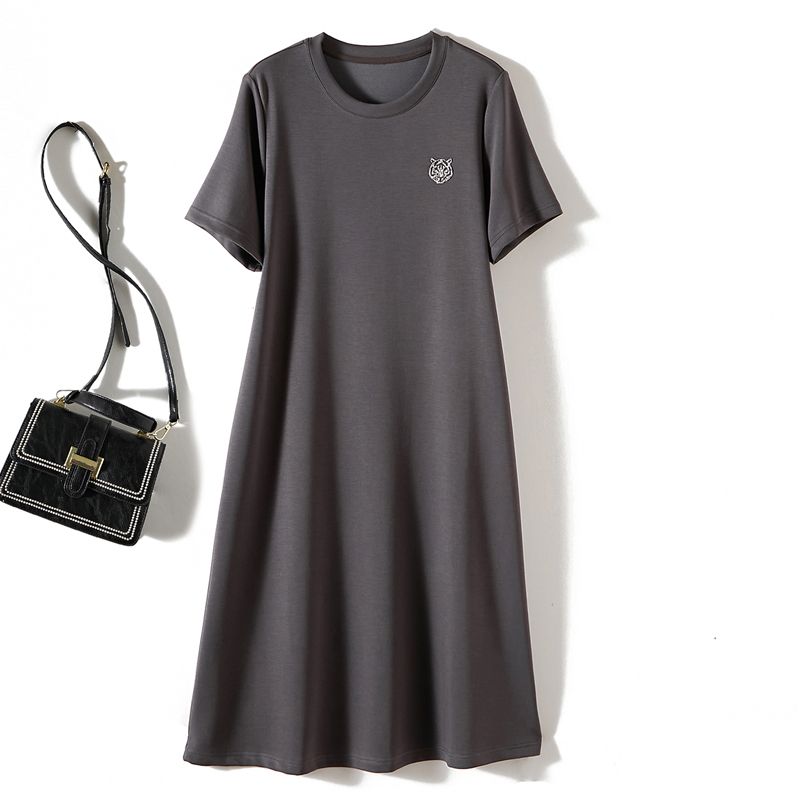 

Tower Tip Quality! Exquisite Women s Short-Sleeved Tencel Cotton Tiger Head Rhinestone round Neck Breathable Close-Fitting Dress Summer Gray 2XL