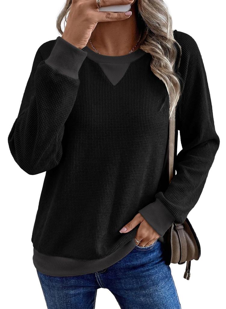 Women's Long Sleeve T-Shirt 2026 Fall Winter New Arrival Patchwork Color Block Waffle Knit Pullover Casual Loose Fit Tunic Top