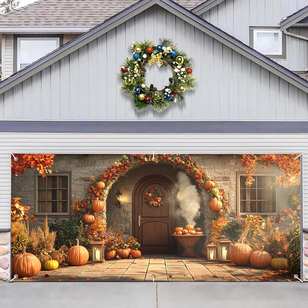 Autumn Harvest Thanksgiving Pumpkin Maple Leaf Polyester Garage Banner
