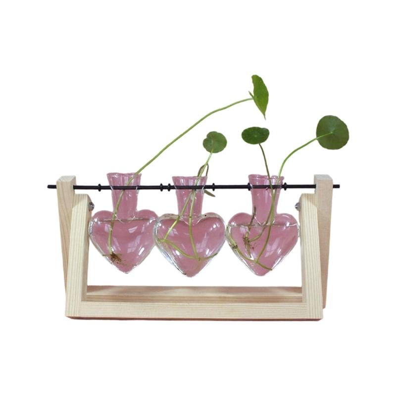 Modern Heart Shape Glass Vases Set With Wooden Frame Suitable For Hydroponic Plant Florals Displays And Home Styling