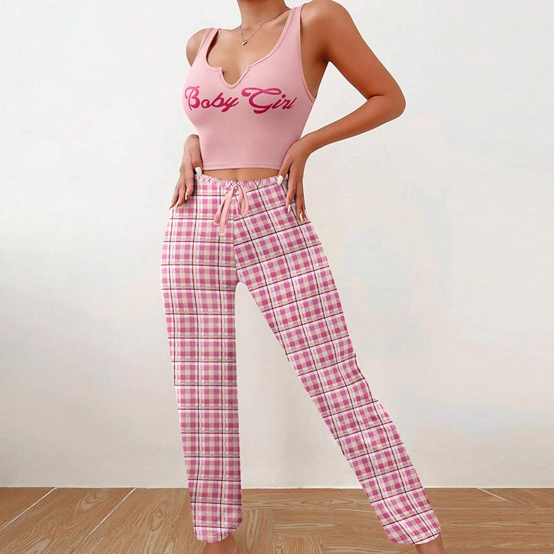 Sommer Damen 2-teiliges Homewear Pyjama Set Weste Color Block Karomuster Hose Oberteil mit Buchstabenprint Damen Pyjamas Homewear Freizeit Set