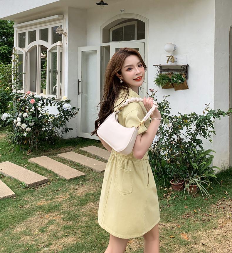 Real Shot: Summer Hong Kong-Style Korean Short-Sleeve Denim Dress - Fashionable Waist-Slimming Design for Women