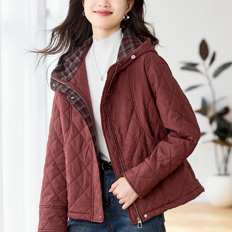 Women's 2024 Diamond Quilted Cotton Hooded Jacket - Autumn/Winter Short Fashion Plaid Patchwork Lightweight Coat