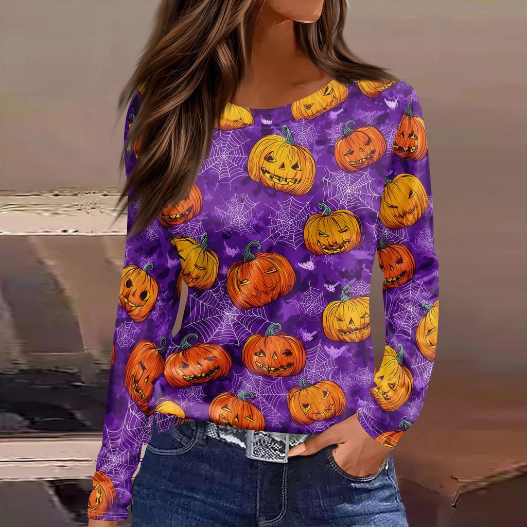 Women's Halloween Print Long Sleeve Top with Round Neck and Hem Slit