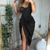 New Single-shoulder Sequined Evening Dress, Sexy Sequined Slit Evening Dress, Summer Halter Dress