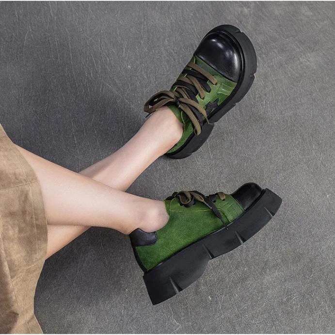 Johnature Genuine Leather Pumps Thick Soled Round Toe Mixed Colors Lace-up Fashion Versatile Women's Shoes